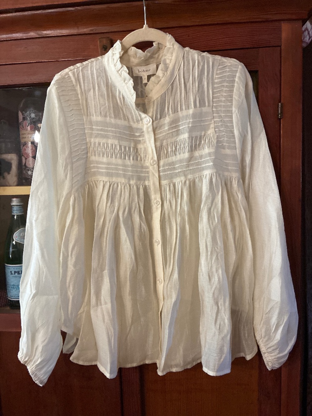 : Bohme Pintucked Babydoll Blouse Long Sleeve Pleated Voile Top
